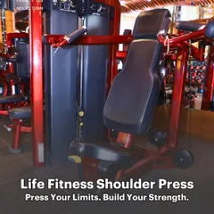 Our Life Fitness Shoulder Press machine. It is engineered for controlled movement to help you build powerful, defined shoulders and improve upper body strength safely.