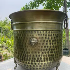 For the love of antiques! This stunning brass-coated planter is handcrafted and customized, featuring a hammered texture, a lion head emblem, and classic ring handles. It's a true statement piece for any vintage-inspired decor.