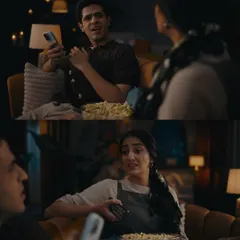 Another moment from the Prime Video ad, highlighting the relaxed and authentic styling for the actors, making the scene feel like a real conversation between friends.