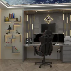 This custom setup was designed for a client who is an avid gamer and needed a multifunctional space. It features a large desk for a multi-monitor setup, acoustic panels for sound management, and unique shelving for collectibles.