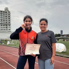 A proud moment for our Wings Centre athlete, Aadhrika, with her coach after securing a bronze medal in the 400m at the CISCE Nationals.