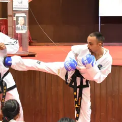 Executing a side kick during a seminar. This technique requires precision and power, targeting the opponent while maintaining a strong defensive stance.