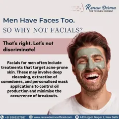 Men have faces too, so why not facials? This graphic makes the case for men's skincare, highlighting how our facials target acne-prone skin with deep cleansing and personalized masks to control oil and minimize breakouts.