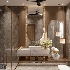 We love combining materials to create a warm and sophisticated atmosphere. This bathroom features luxurious Burberry beige marble paired with rich wooden accents, elegant lighting, and sculptural elements for a stunning oasis feel.