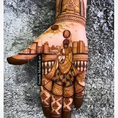 This unique Karwachauth design depicts a woman carrying pots against a city skyline. It's a beautiful blend of tradition and modern life, perfect for the contemporary woman.