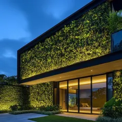 We believe architecture should breathe with its environment. This residence features a living facade, where a vertical garden becomes an integral part of the structure, beautifully illuminated at night to create a dynamic and sustainable design statement.