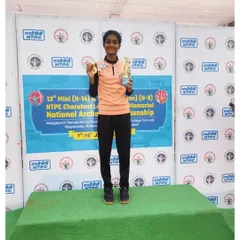 Our student Sanskruti Kakade stands proudly on the podium after winning a team gold medal at the 13th Mini Sub Junior National Archery Competition in Andhra Pradesh.