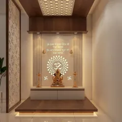 In this compact design, we integrated a backlit Om mandala and engraved shlokas to create a spiritually rich focal point. The warm light highlights the Ganesha idol and adds depth to the wooden structure.