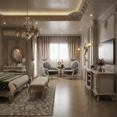 A complete view of the regal bedroom layout, showcasing the harmony between the sleeping area, seating nook, and entertainment console.