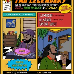 We love creating unique event concepts, like this 'Two Legendary' cookout paying homage to Bob Marley and J Dilla. This custom comic book style poster captures the DIY spirit of our pop-up events, which bring together all-vinyl sets, food, and merch for a full cultural experience.