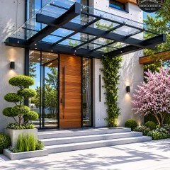 We believe a grand entrance sets the tone for the entire home. This modern glass canopy provides weather protection without sacrificing light, creating a welcoming and architecturally striking entryway for a luxury villa.