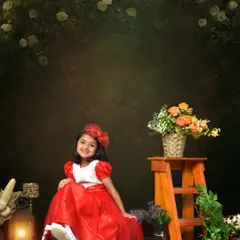 A sophisticated portrait for a five-year-old. The dark, moody background and classic red dress create a timeless and painterly fine art look.