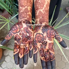 Here is the beautiful, dark henna stain after 48 hours. I only use my own handmade natural henna cones, which guarantees a deep, rich maroon or dark brown color that looks stunning and lasts long.