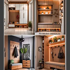 Here are four modern ideas for your foyer. These designs show how to combine coat hooks, seating, and shoe storage in a single, cohesive unit, using wood slats and lighting to add style and warmth.