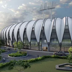 Another perspective of the stadium at Bharati Vidyapeeth, showcasing its distinctive and forward-thinking design. This structure is a key element in our plan to bring an aspirational identity to the university.
