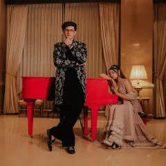 We had the pleasure of designing this modern Indo-Western outfit for YouTuber Nischay Malhan. The black velvet jacket features bold silver embroidery, creating a striking look that’s perfect for a Sangeet or Mehendi event.