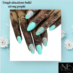 This design combines a soft turquoise gel polish with a silver glitter wave pattern on an almond-shaped nail. Our courses cover gel application, color theory, and how to create unique designs that complement elements like henna.