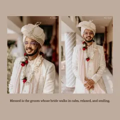 A diptych of the groom looking calm and happy on his wedding day. Dressed in a classic white sherwani, these portraits capture his relaxed and smitten demeanor.