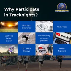 Why participate in TrackNights? Experience a professional meet with floodlights, electronic timing, LED displays, live streaming, media exposure, and cash prizes.