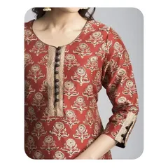 This is a detailed view of a kurti neckline with a contrasting placket and decorative buttons. The sleeve cuff is also finished with matching detail, creating a cohesive and polished look.