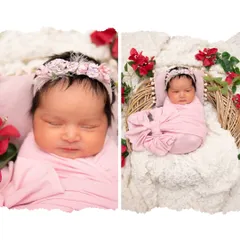 A diptych showing a baby girl wrapped in soft pink, adorned with a floral headband. The focus is entirely on her sweet, sleeping face and tiny form.