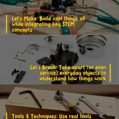 My workshops are built on three core pillars: Let's Make, where we build cool things using STEM concepts; Let's Break, where we take things apart to see how they work; and Tools & Techniques, where we learn to use real tools safely.
