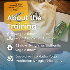 Here you can see the core components of our 200-hour certification. You will receive our official Sivananda Yoga Teachers' Training Manual and embark on a 28-day residential journey into Hatha yoga and yogic philosophy, culminating in a certificate recognized by both the Yoga Alliance and the Indian Yoga Association.