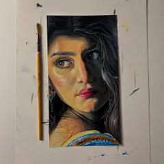 The portrait on my workspace, with a brush for scale. I take great care to make each custom portrait a special piece of art.