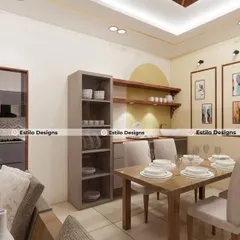 This compact dining and crockery unit is designed for apartment living. It uses a light color palette and open shelving to feel spacious, with a clear view into the adjacent modern kitchen, creating a cohesive living area.