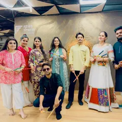 A group photo from our Dandiya workshop at Fiziko Fitness. We collaborate with gyms and studios to host festive events for their members.