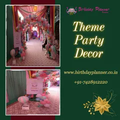 We can transform any space, including hallways and entry passages, to extend the event's theme throughout the venue. This image shows a fully decorated walkway with balloon arches and custom signage, creating a continuous experience for guests.