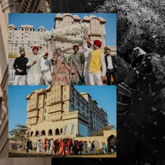 A collage capturing the energy of a Jaipur palace wedding. The grand Baraat procession against the stunning architecture tells a story of royal celebration.