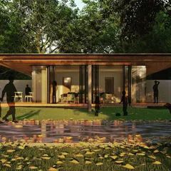 A conceptual visualization of the farmhouse, showing how the design interacts with a natural, reflective water body and surrounding trees.