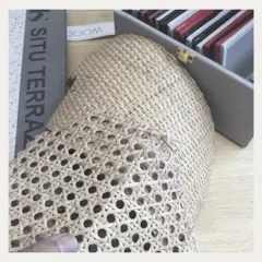 A glimpse into our material selection process. Here, we explore different weaves of rattan and cane, pairing them with terrazzo and solid color samples to find the perfect combination for a project.