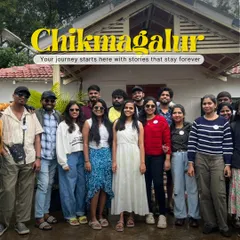 Our Chikmagalur crew posing in front of our cozy homestay. On this weekend trip, we explore coffee plantations, trek to stunning peaks, and visit beautiful waterfalls, with comfortable accommodation sorted for you.