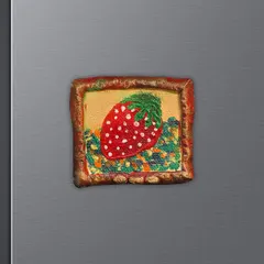A sweet, retro-style strawberry magnet to brighten your kitchen. I use thick acrylics to give the texture of the fruit a tactile feel, all framed in a hand-molded clay border.