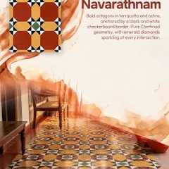 The 'Navarathnam' pattern is pure Chettinad geometry. It features bold octagons in terracotta and ochre, anchored by a black and white checkerboard border with sparkling emerald diamonds at every intersection.