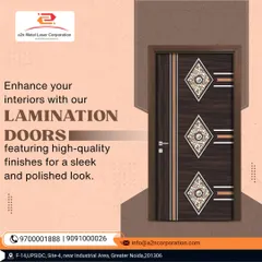 A stylish lamination door featuring a dark wood finish with inlaid geometric patterns. This door offers a sleek, polished look with the added benefits of being scratch-resistant and durable.