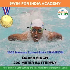 Darsh Singh, our 2024 Haryana School State Champion in the 200-meter butterfly. This action shot captures the focus and power that led him to victory and qualified him for the National School Games.