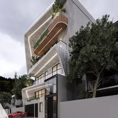 Another view of the Meera Bagh proposal, highlighting the interplay between the solid concrete structure and the open, glass-filled living spaces. The design ensures privacy while maximizing natural light and views.