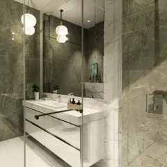 Another render of the Topaz Bathroom, this time from a different angle, focusing on the shower enclosure and the reflection in the large mirror. These details are crucial for getting the spatial quality just right.