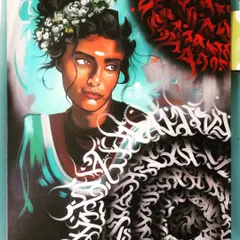 The finished South Indian girl portrait with calligraffiti. The contrast between the soft portrait and the sharp, flowing script creates a dope visual. This is what I mean by art with a twist.