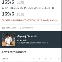 This is the scorecard from Nishit Balla's match-winning performance. A quickfire 43 not out at a strike rate of over 165 shows his ability to finish games under pressure, a key skill I emphasize in my training.