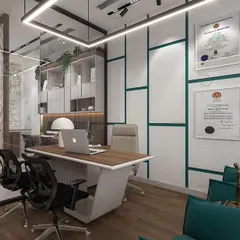 A render of a principal architect's cabin, combining modern aesthetics with functional design. The space features geometric wall paneling, contemporary lighting, and glass partitions to maintain a sense of openness.