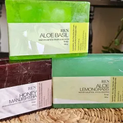 A closer look at the vibrant colors of my summer soaps. The green Aloe Basil and Aloe Lemongrass soaps offer herbal freshness, while the Honey Manjishtha soap provides an Ayurvedic detox to clarify skin.