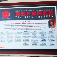 My certificate recognizing me as a National Referee for the Indian National Open Martial Arts Tournament. This reflects my commitment to the broader martial arts community.