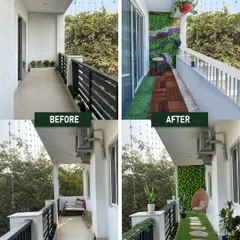 Even a standard balcony has incredible potential. Here are two before and after examples of how I transform narrow spaces into beautiful, functional green retreats using custom flooring, vertical gardens, and smart seating arrangements.