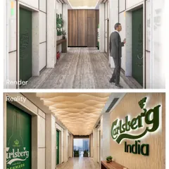 The transformation of the Carlsberg India elevator lobby from a 3D render to the finished space. The final design perfectly captures the vision, including the wavy ceiling detail, wood-paneled walls, and branded elevator doors.