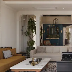 This angle highlights the layered textures and colors within the living space. A mustard yellow sofa provides a warm contrast to the neutral tones, while a large marble coffee table anchors the room, all framed by elegant architectural archways.