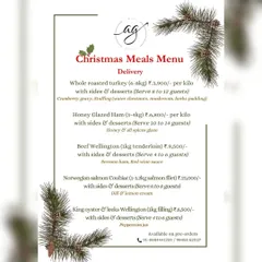 My Christmas delivery menu for main courses. It includes options like whole roasted turkey, honey-glazed ham, beef wellington, and a vegetarian king oyster & leeks wellington.